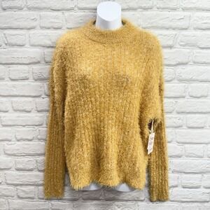 Mustard Gold Fuzzy Eyelash Sweater XL Turtle Neck Y2K Grunge Punk Cozy Crop Top